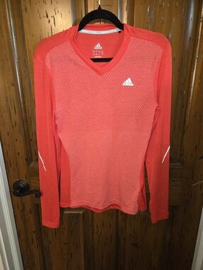 Adidas Coral Red Long Sleeve V-Neck Running Top